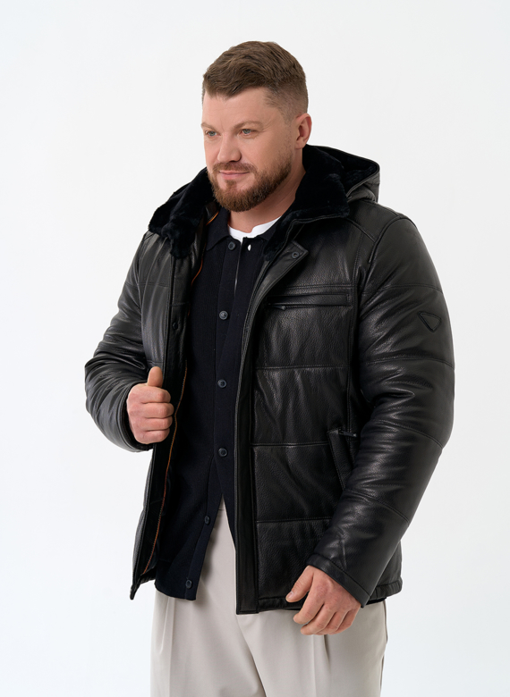 Мужской пуховик из натуральной кожи с капюшоном