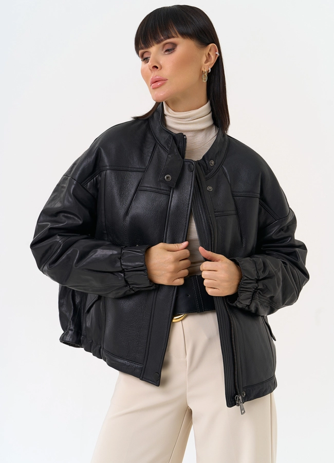 Женский пуховик из натуральной кожи черного цвета модель № 31691 универмаг малина