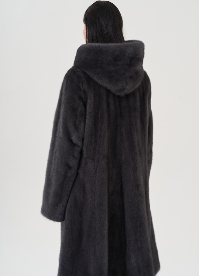 Норковая шуба годе/балетка в роспуск с капюшоном цвета графит модель № 25009 в кредит