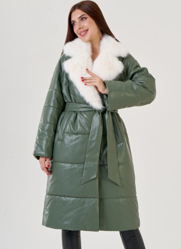 Женский классический пуховик Malina Siberian из эко кожи в зеленом цвете