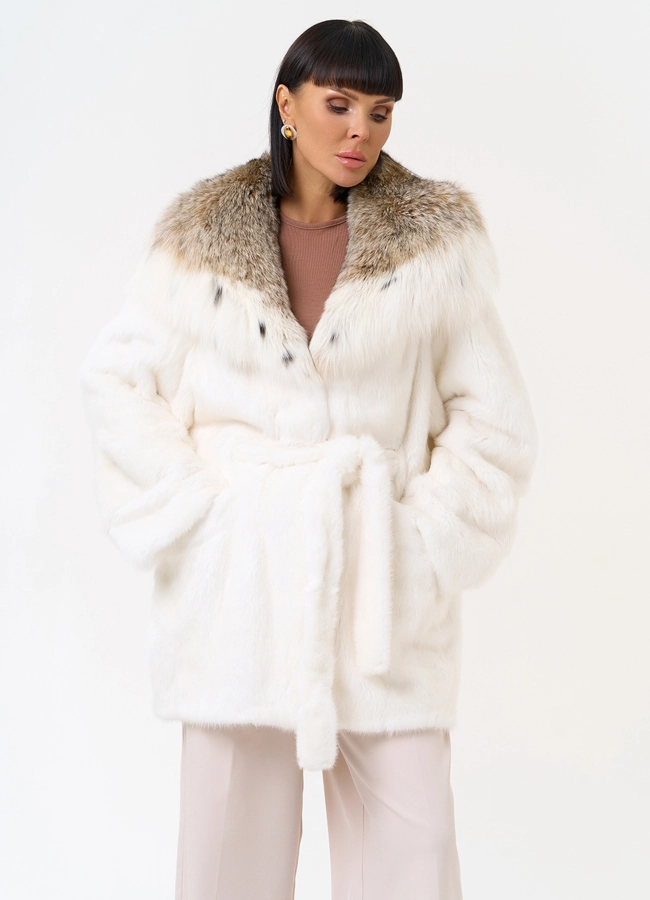 Женская шуба из меха норки с капюшоном из меха рыси модель № 31375 универмаг малина
