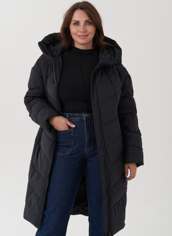 Женский пуховик с капюшоном черного цвета 