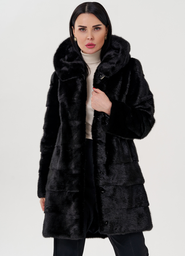 Шуба из норки с капюшоном черного цвета модель № 24727 универмаг малина