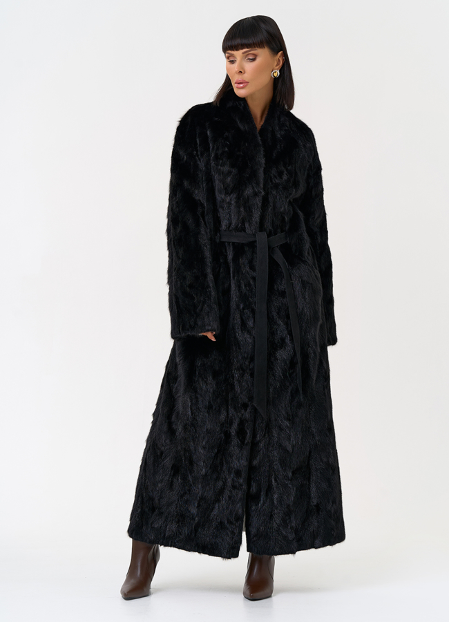 Длинная шуба из меха норки с поясом модель № 31294 меха малина