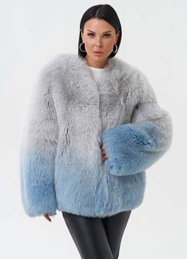 Шуба из меха лисы с принтом деграде модель № 28590 в рассрочку