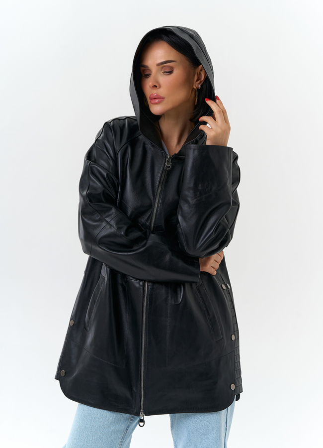 Женская куртка из натуральной кожи с капюшоном модель № 32874 универмаг малина