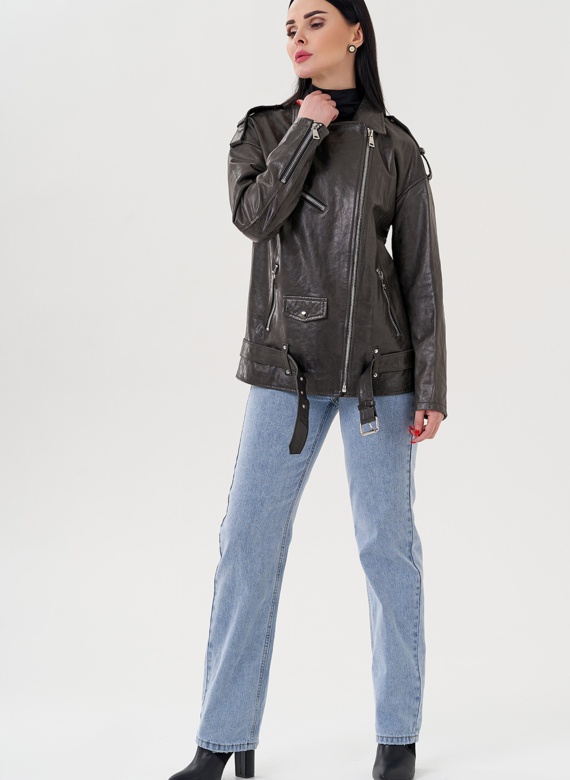 Длинная косуха из натуральной кожи серого цвета