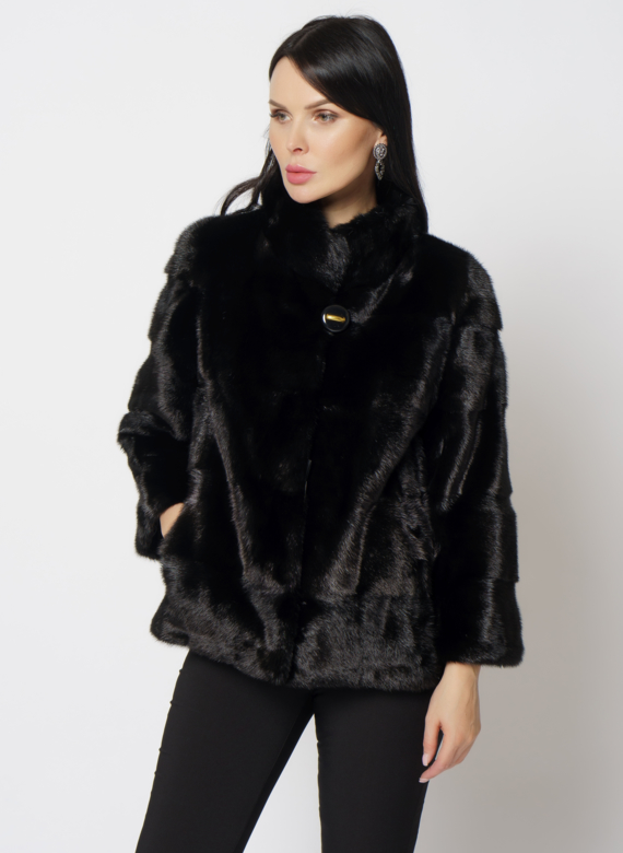 Норковая шуба с воротником стойка черного цвета 