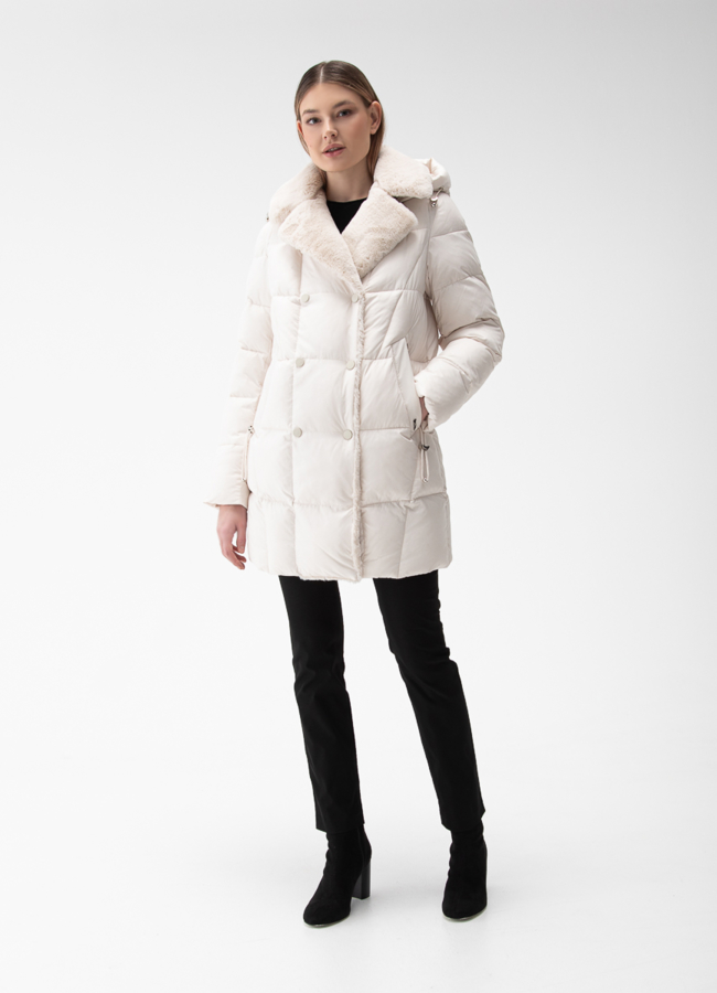 фото Комбинированный женский пуховик с капюшоном модель № 28391