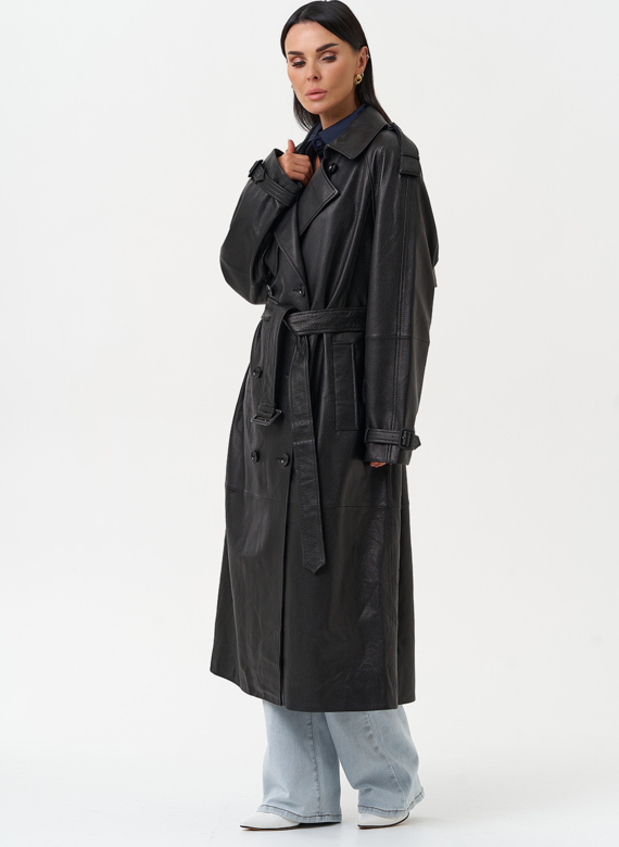 Длинный плащ из натуральной кожи черного цвета