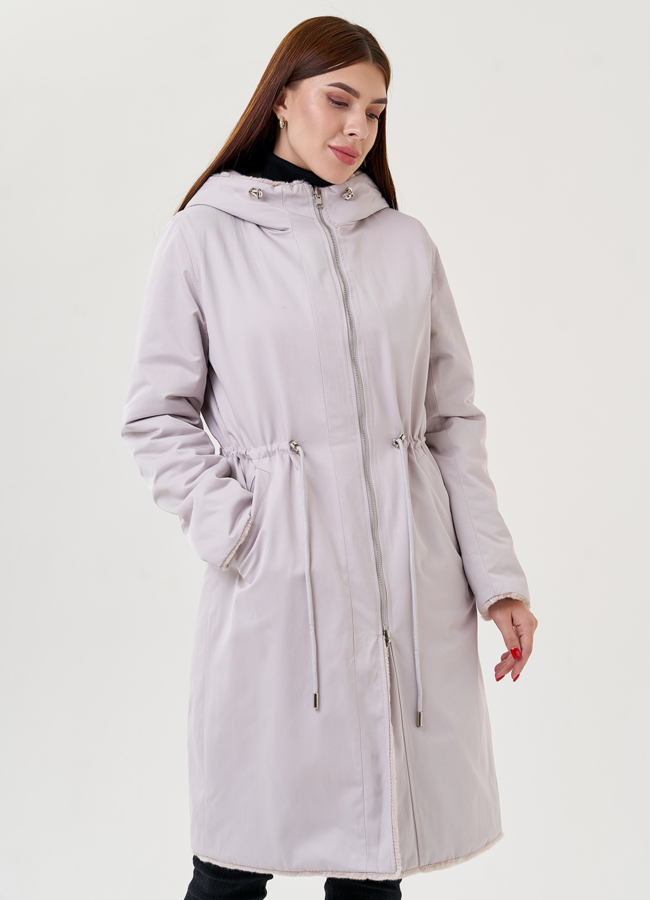 Двухстороннее пальто из эко меха с капюшоном модель № 25354 универмаг малина