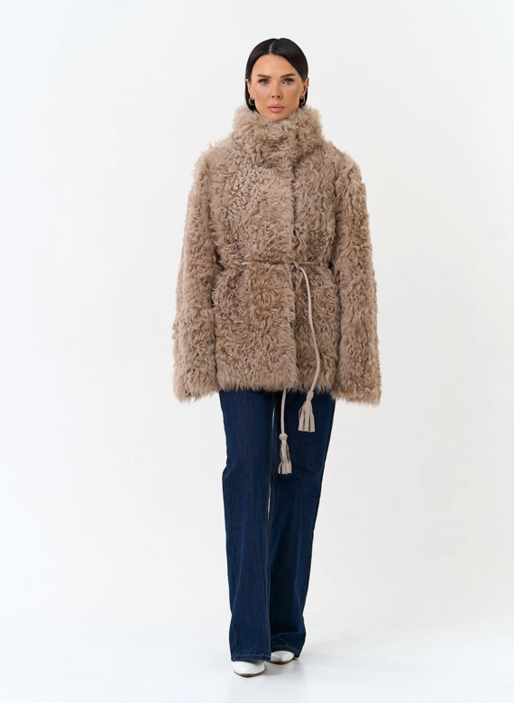 Женская дубленка двухсторонняя с воротником стойкой фото