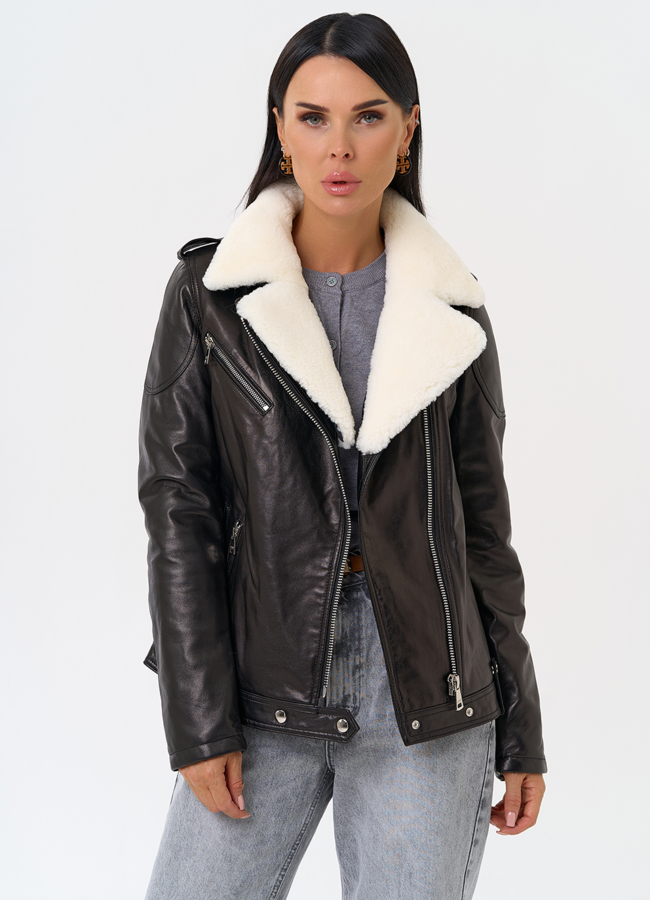 Утепленная кожаная куртка с мехом модель № 75330 универмаг малина