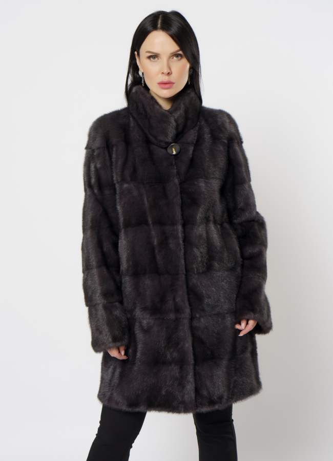 Норковая шуба с воротником стойка в цвете графит модель № 25926 меха малина