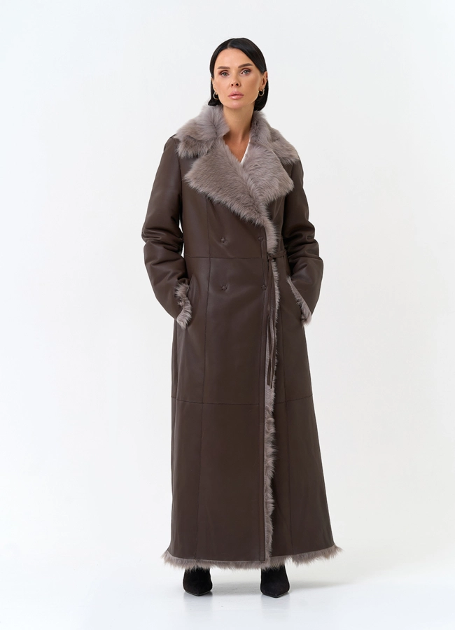 Женская двухсторонняя дубленка с поясом модель № 34126 универмаг малина фото