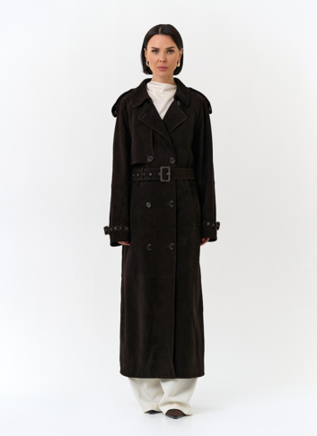 Женский длинный плащ из натуральной замши