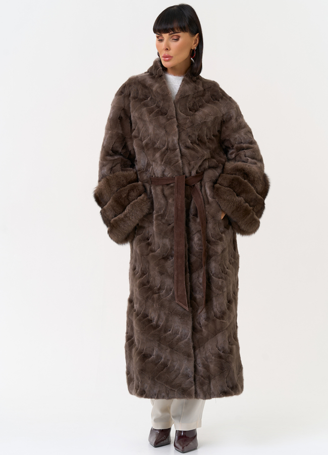 фото Женская шуба из меха норки с поясом модель № 31489