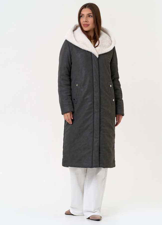 Пуховик из эко кожи с капюшоном из эко меха модель № 27733 универмаг малина