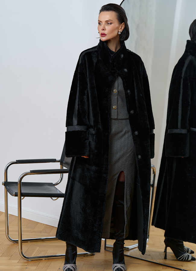 Женская двухсторонняя дубленка с воротником стойкой модель № 31914 в кредит