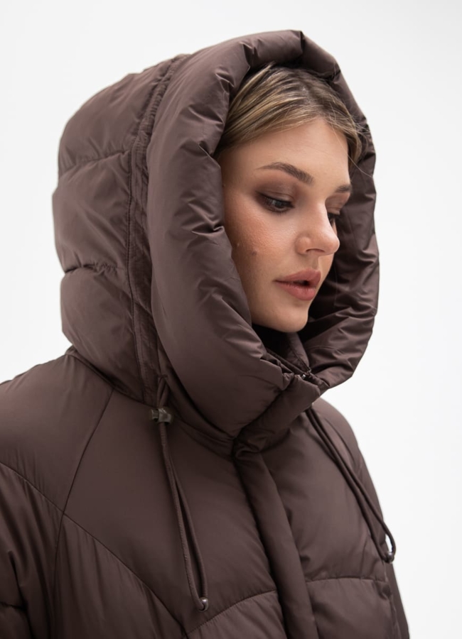 Женский пуховик с капюшоном и поясом модель № 31122 универмаг малина