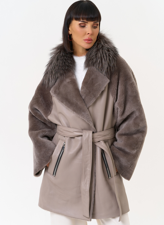 Женская натуральная дубленка с воротником из меха лисы