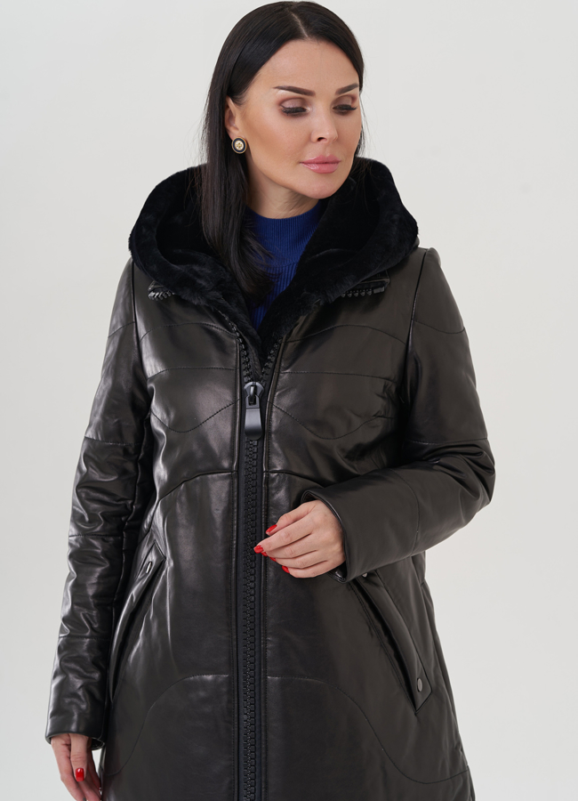 Пуховик из натуральной кожи на молнии с капюшоном модель № 19575 универмаг малина