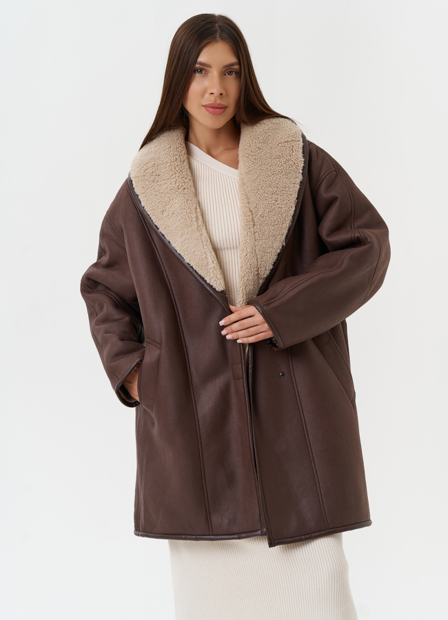 Женская дубленка из эко кожи с воротником шаль модель № 28526 универмаг малина