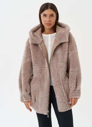 Двухсторонняя эко дубленка с капюшоном