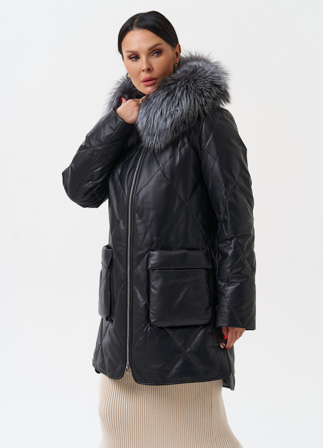 Женский кожаный пуховик с капюшоном модель № 28908 универмаг малина