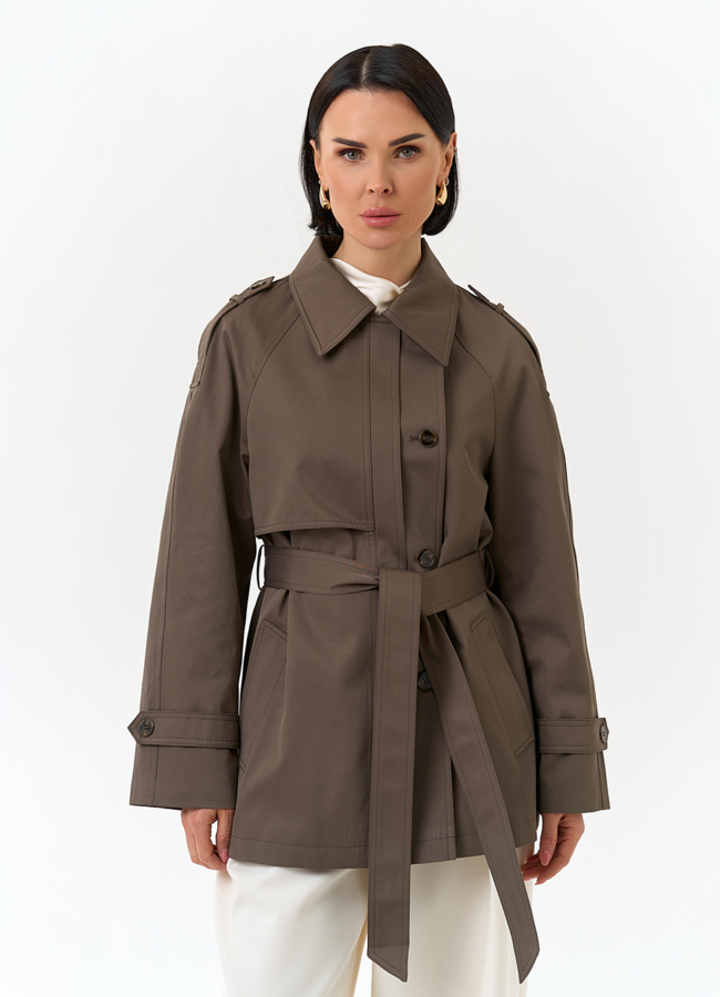 фото Женский укороченный плащ с поясом модель № 32822