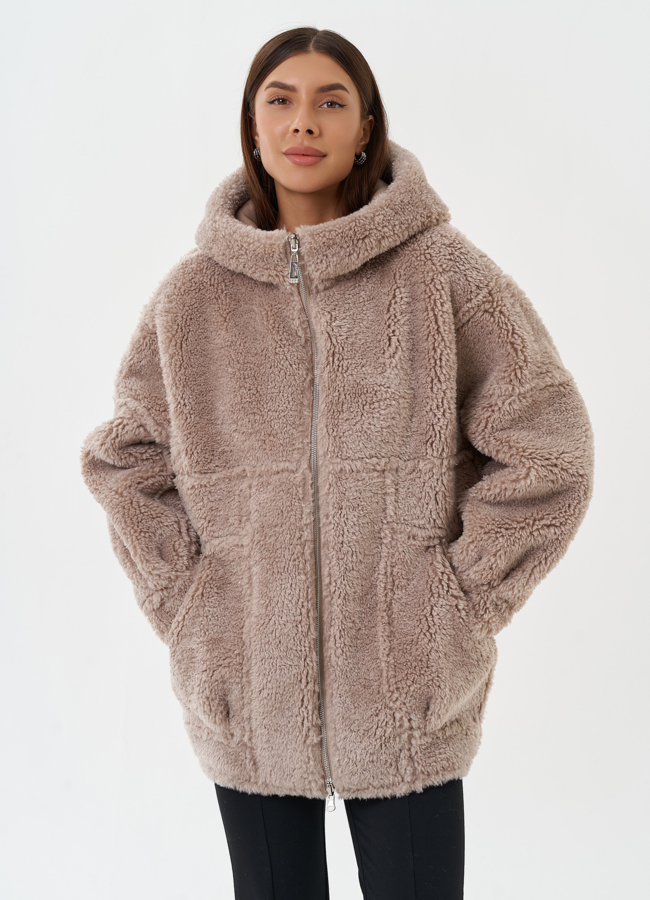 Двухсторонняя эко дубленка с капюшоном модель № 28651 универмаг малина