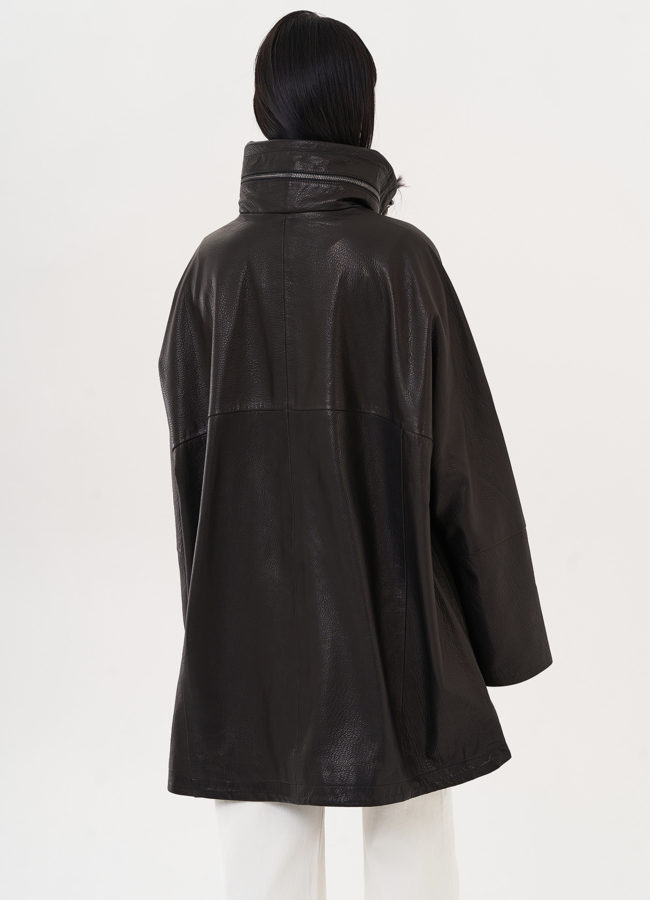 Кожаная удлиненная куртка черного цвета модель № 27142 в кредит