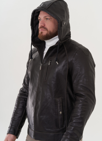 Мужская кожаная куртка с капюшоном