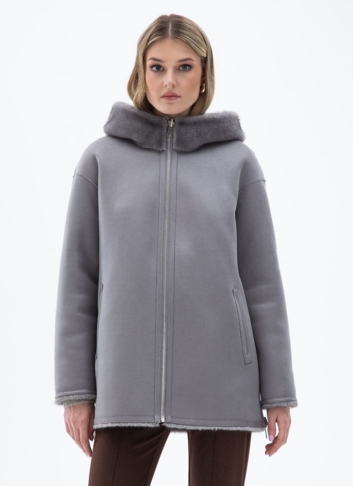 Женская двухсторонняя дубленка из эко кожи с капюшоном