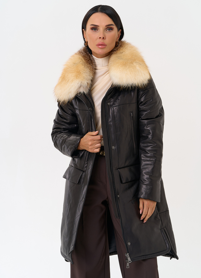 Кожаный пуховик с воротником из лисы модель № 19919 меха малина