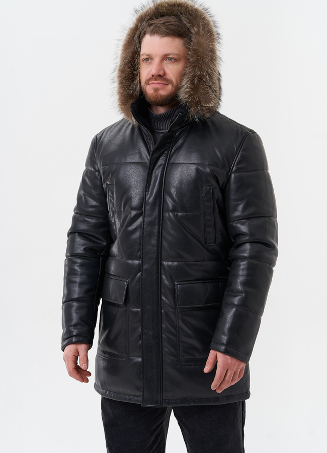 фото Пуховик из эко кожи с капюшоном из меха енота модель № 28584