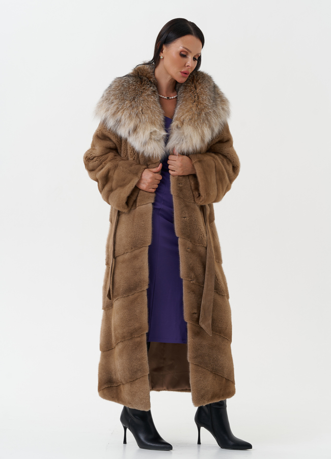 Длинная шуба из норки с капюшоном из рыси модель № 27844 универмаг малина