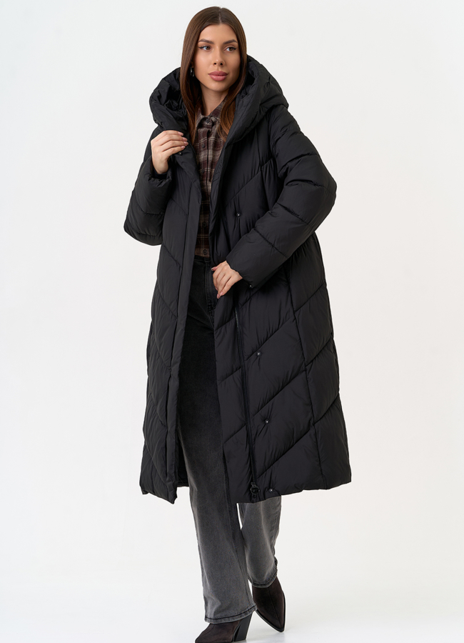 Женский пуховик черного цвета с поясом модель № 31603 универмаг малина