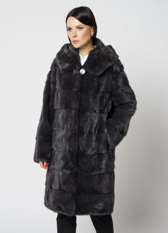 Норковая шуба в цвете графит с капюшоном  модель № 24954 универмаг малина