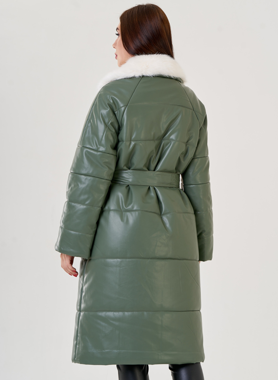 Женский классический пуховик Malina Siberian из эко кожи в зеленом цвете
