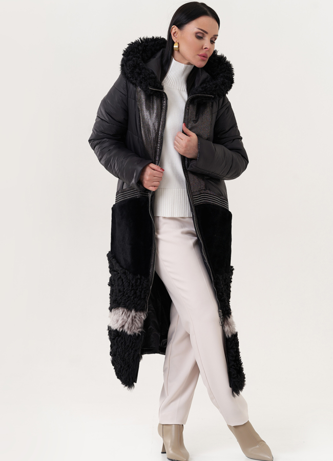 Комбинированный пуховик с капюшоном модель № 26913 универмаг малина