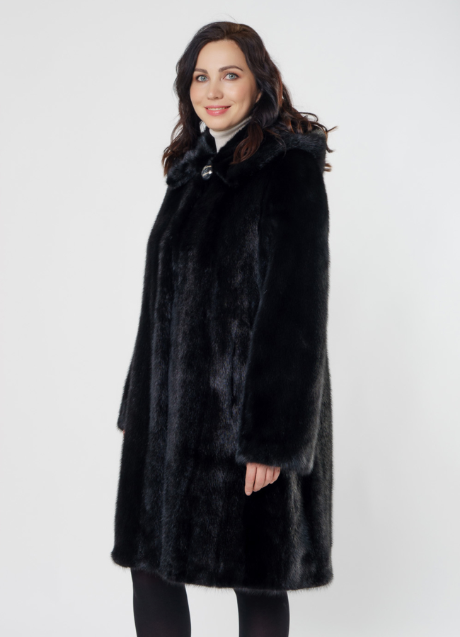 фото Черная норковая шуба с капюшоном модель № 26158