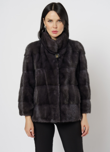 Норковая шуба с воротником стойка в цвете графит