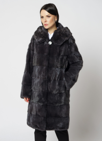 Норковая шуба в цвете графит с капюшоном 