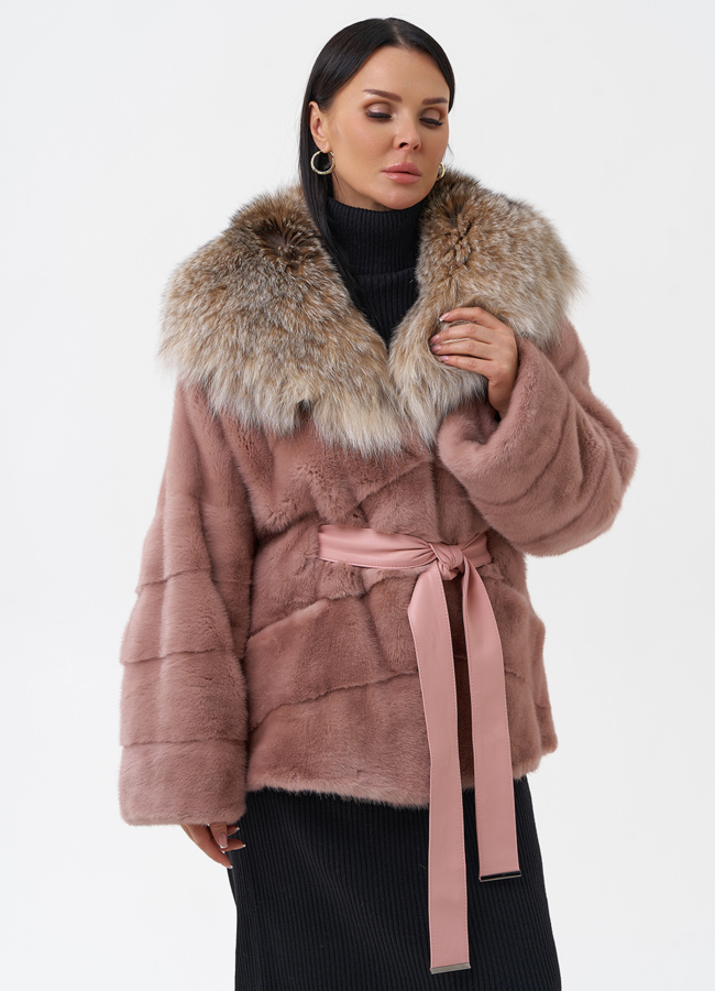 Короткая шуба из норки с капюшоном из рыси модель № 29264 универмаг малина