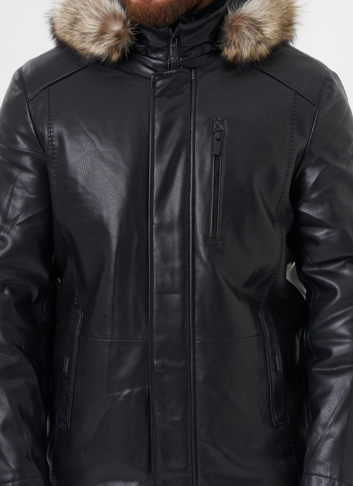 Пуховик из эко кожи с мехом енота