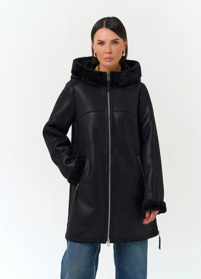 Женская дубленка из эко замши модель № 33890 меха малина