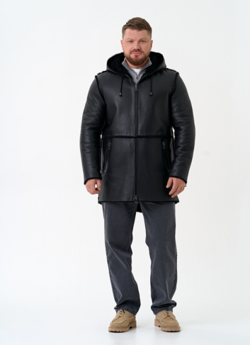Мужская натуральная дубленка с капюшоном