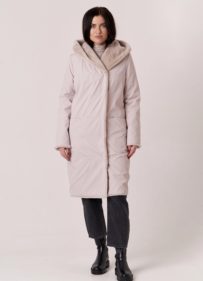 фото Двусторонняя шуба с капюшоном модель № 1133
