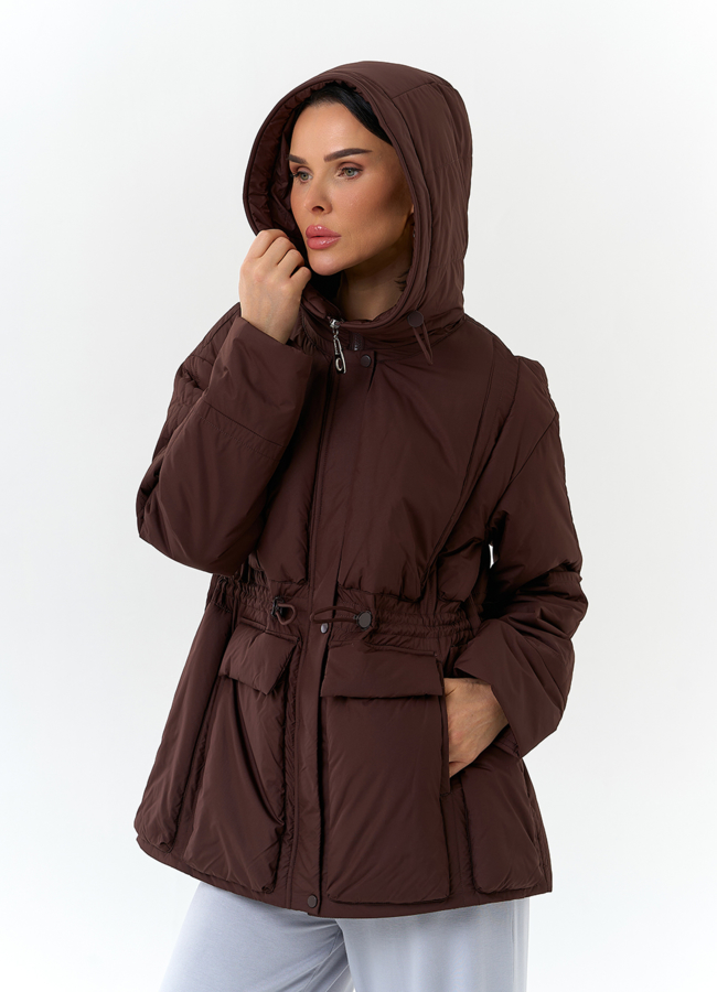 Женская куртка коричневого цвета модель № 32700 меха малина